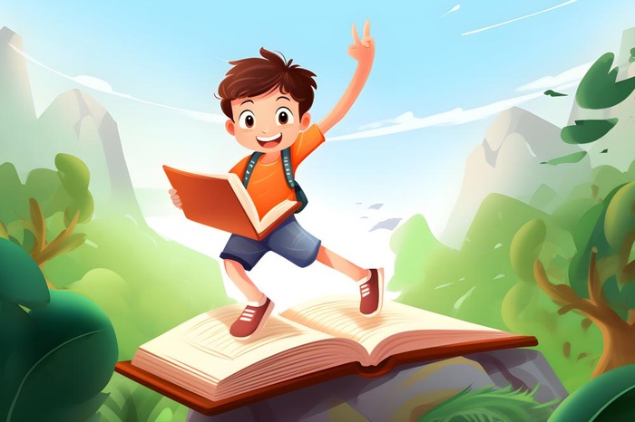 学生跳跃书籍花草背景