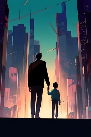 父亲和孩子亲情城市剪影背景