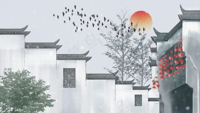 古风建筑插画psd模版下载