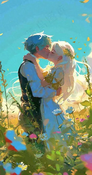 蓝天白云下情侣拥抱亲吻爱情，鲜花小草，情清新人节