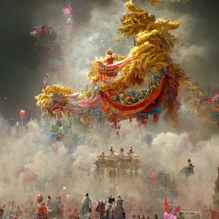 AI插画看天界舞狮 宏伟又虚幻