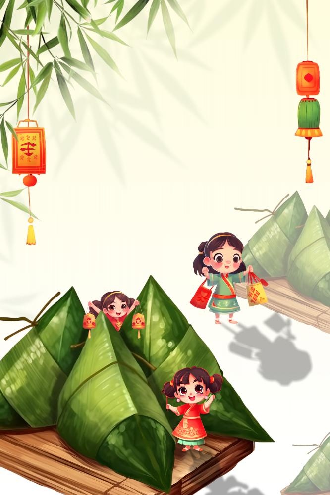 端午节粽子孩子提着灯笼竹叶影子插画背景(2000x3000)
