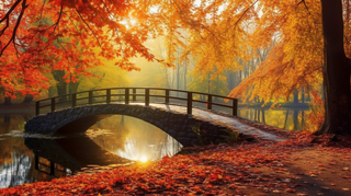 秋天森林拱桥落叶风景摄影图