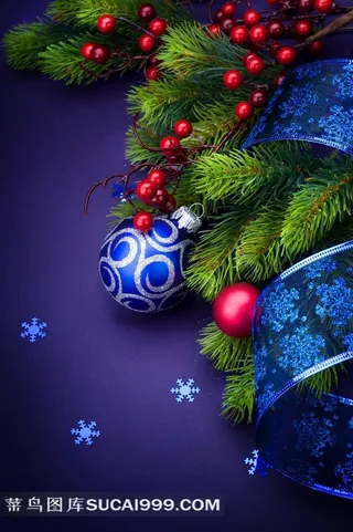 圣诞树上的红色果实和圣诞球图片素材