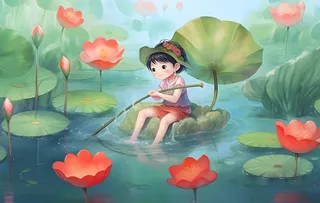 睡莲荷叶池塘里的孩子背景