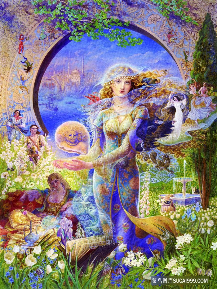 草丛花卉女性艺术油画