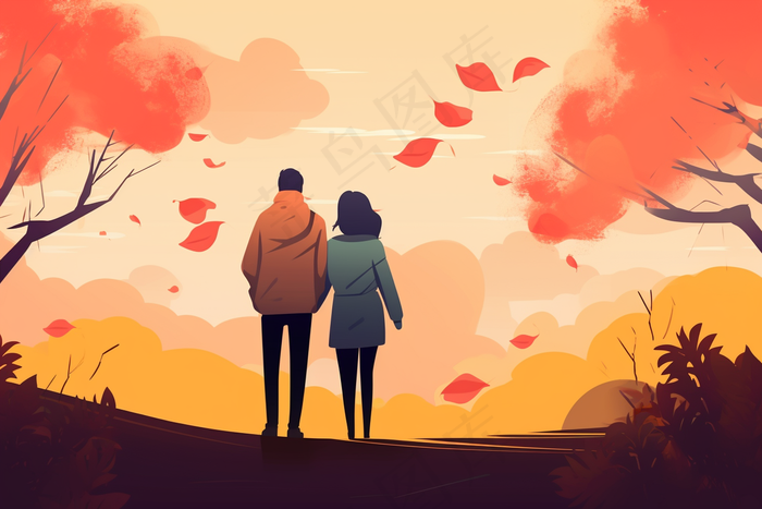 秋季夫妇依偎黄叶纷飞重阳插画素材背景(x)
