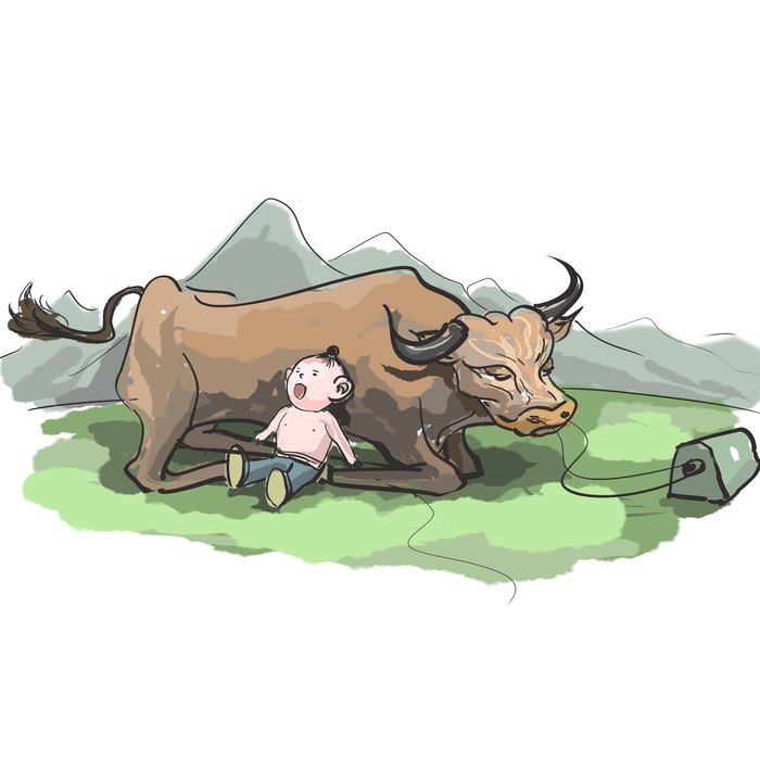 清明清明节卡通牧童靠着牛身上休息