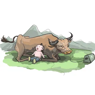 清明清明节卡通牧童靠着牛身上休息