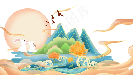 国潮中秋节玉兔月饼菊花元素PSD源文件