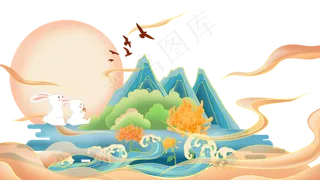 国潮中秋节玉兔月饼菊花元素PSD源文件