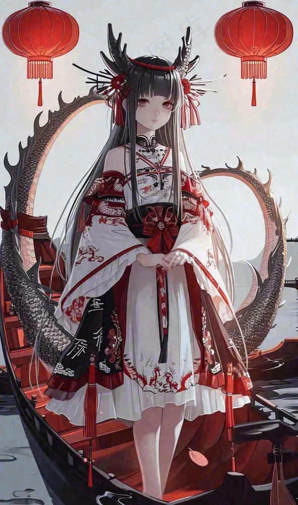 少女漫画古风灯笼夜晚夜景船只手绘插画(816x1379)