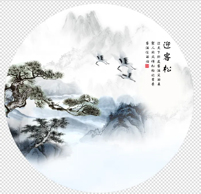 唯美简约中国风迎客松圆形画psd模版下载