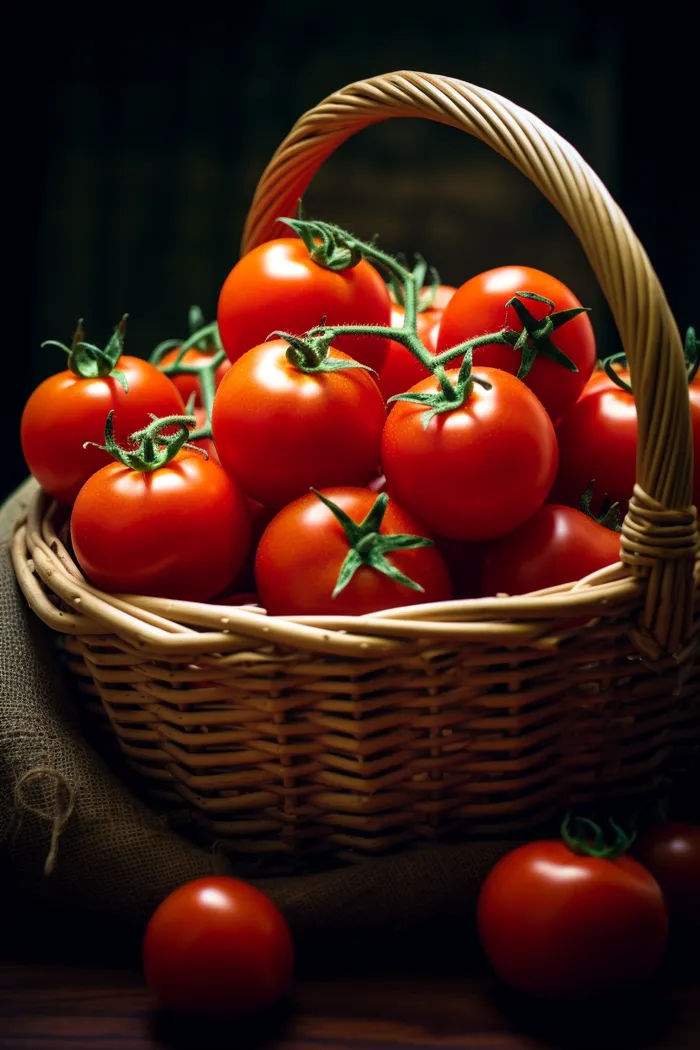 编织篮里装满了西红柿细节摄影图(2688x4032)