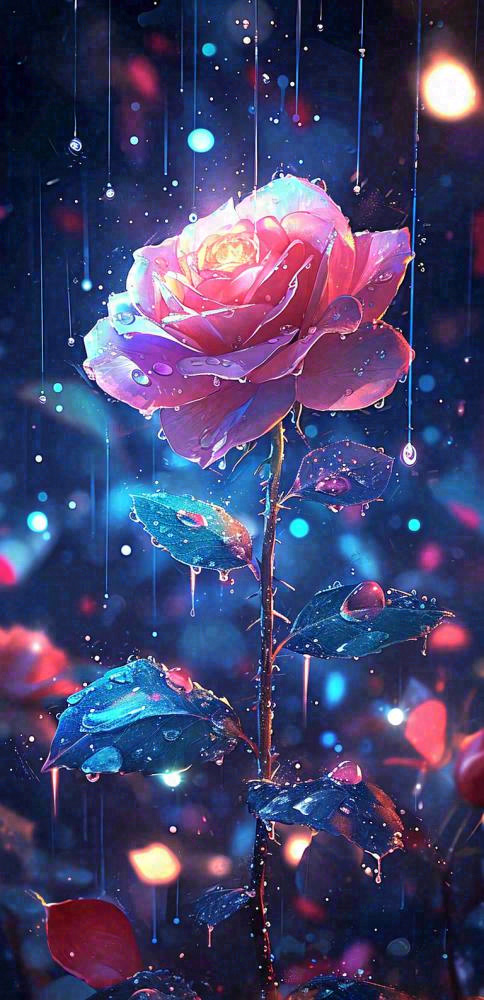 雨天荆棘粉色玫瑰，夜光星光爱情浪漫，情人节(768x1584)