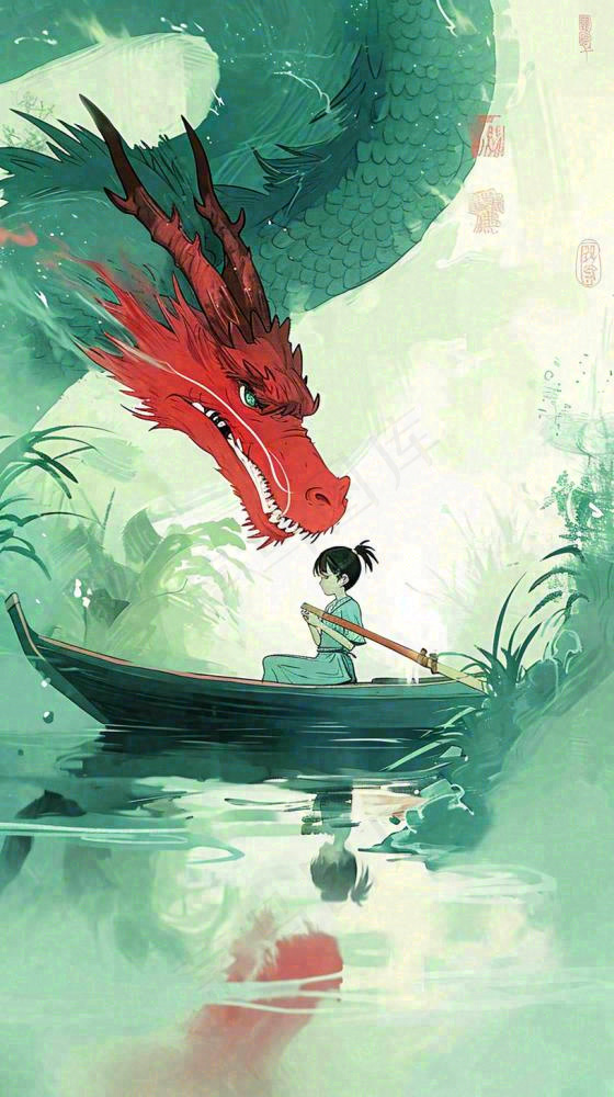 古风河面龙传统手绘插画，中国风漫画(816x1456)