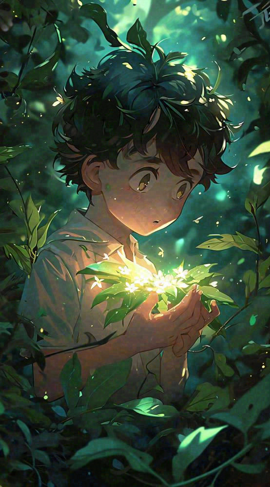 丛林里发着光的人，绿叶树林星光手绘插画(816x1472)