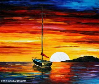 黄昏海洋水彩油画风景画艺术挂画