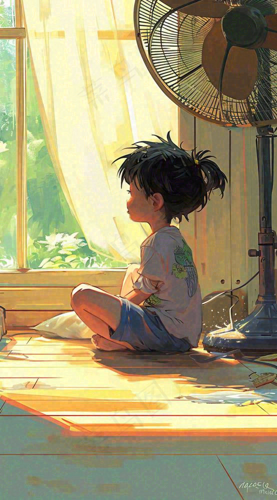 儿童在家吹风扇，夏天炎热清爽手绘插画，夏至小暑暑期(816x1472)
