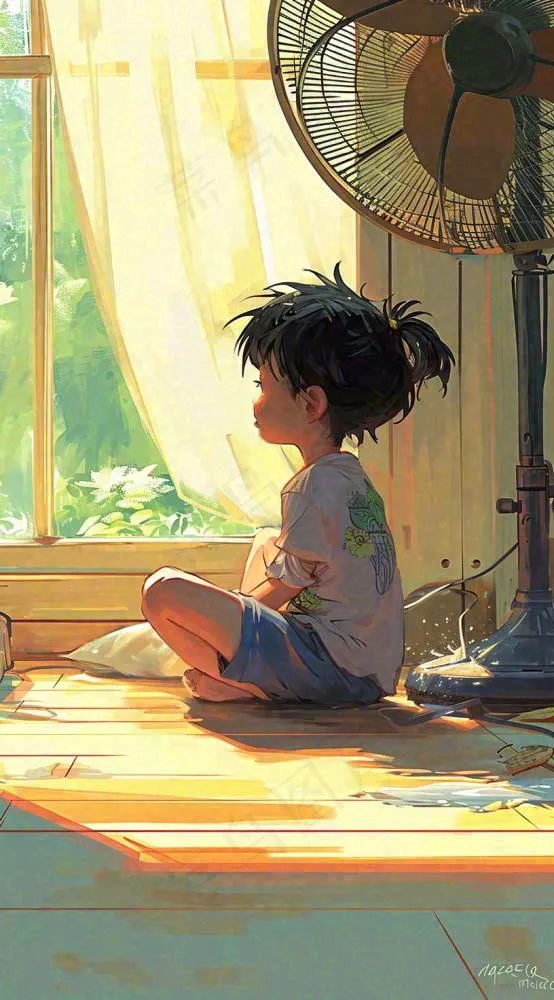 儿童在家吹风扇，夏天炎热清爽手绘插画，夏至小暑暑期(816x1472)