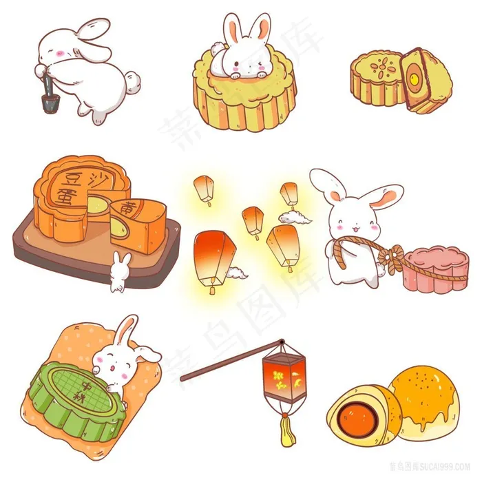 中秋兔子月饼卡通元素 中秋兔子月饼卡通元素