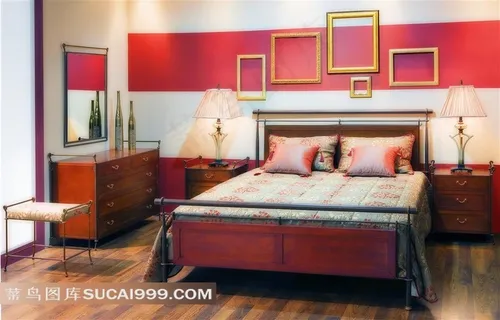 卧室墙壁上的金色相框摄影高清图片