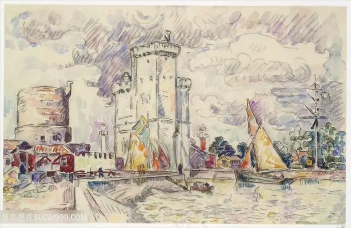 法语，巴黎港口美景油画风景画