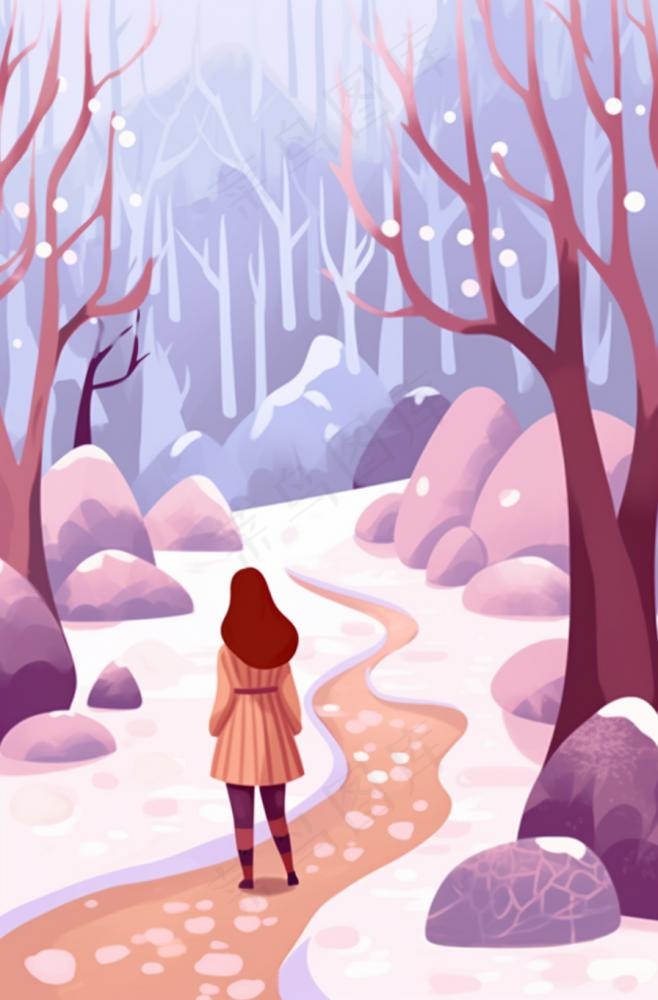 冬天下雪女孩走在森林的道路白雪紫粉色卡通插画背景