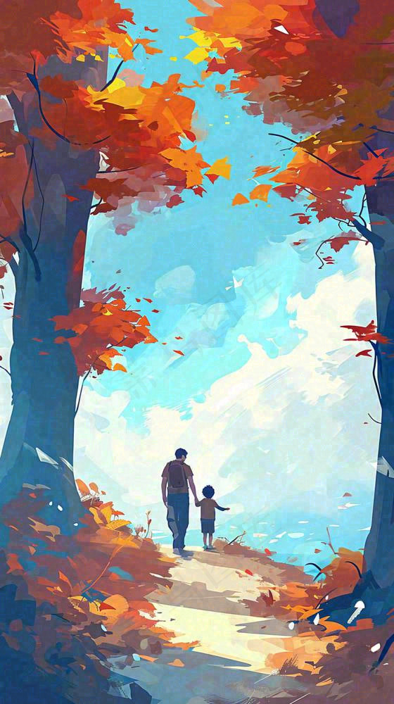 秋天红色秋叶树落叶温馨自然风景，立秋手绘插画(816x1456)