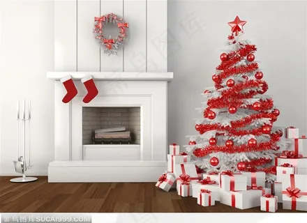 纯白色室内白色圣诞树上红色的装饰盒堆砌的礼品盒、墙边壁炉 纯白色室内白色圣诞树上红色的装饰盒堆砌的礼品盒、墙边壁炉