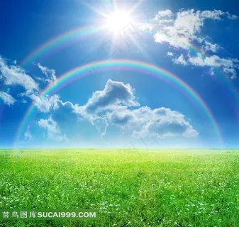 高清蓝天彩虹天空草原图片下载