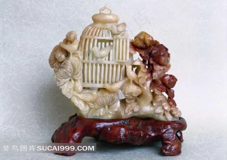 古董石雕开笼放鸟素材图片