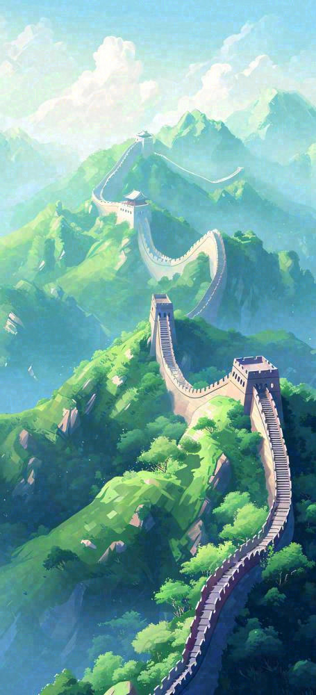 宏伟万里长城青山绿植，中国风建筑插画(736x1616)