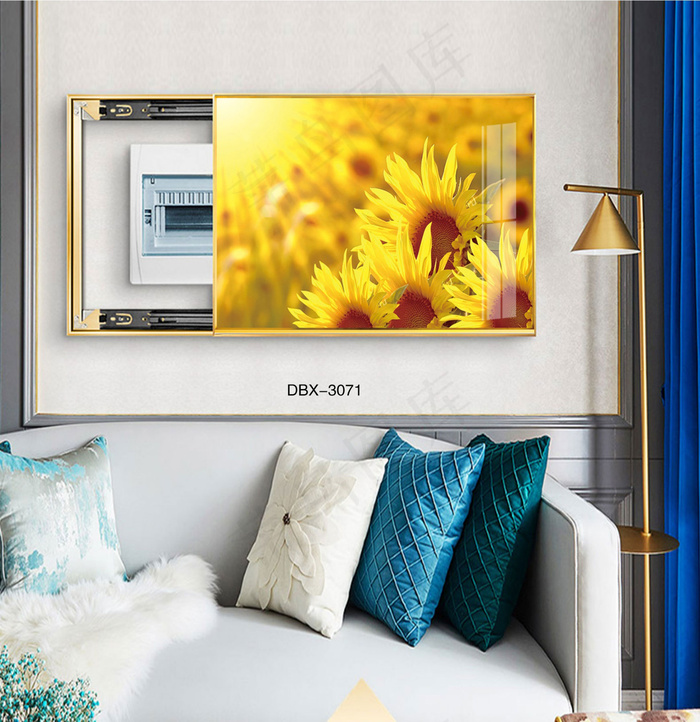 大气时尚家居室内装饰场景客厅沙发卧室床铺电表箱壁画背景图背景向日葵