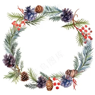 花环圣诞花环松球水彩免抠