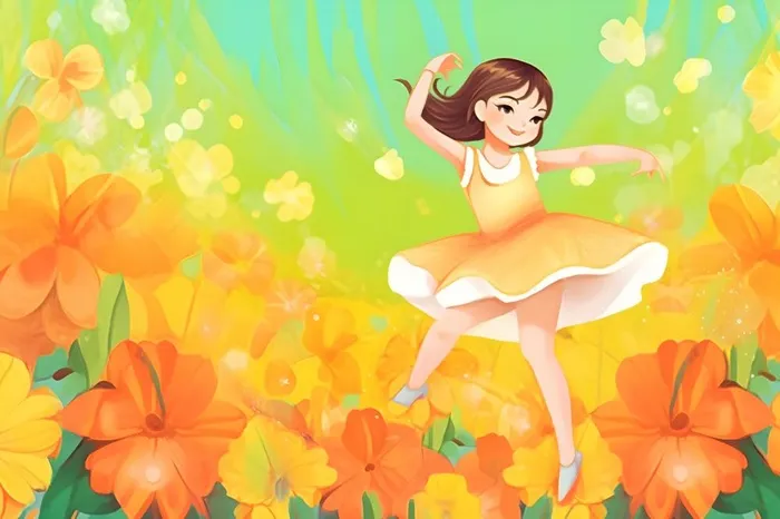 花丛中跳舞的女孩色彩插画背景(3600x2400)