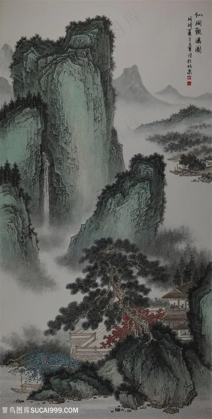 王军河工笔山水传统山水皴法国画界画《仙阁观瀑图》