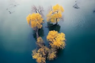 秋叶树木河面俯视摄影