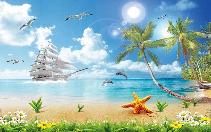 一帆风顺大海海豚背景墙