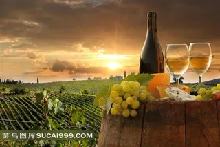 唯美日落田园水果香槟摄影图