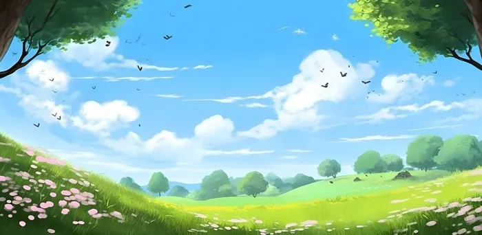 春天蓝天白云草原绿色树草地手绘插画海报素材背景(6272x3072)
