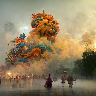 AI插画看天界舞狮 宏伟又虚幻