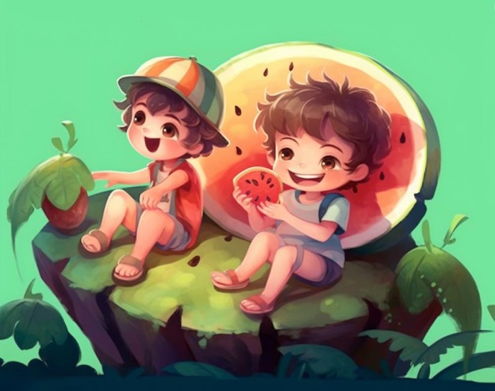 夏日卡通插画儿童吃西瓜动漫风背景