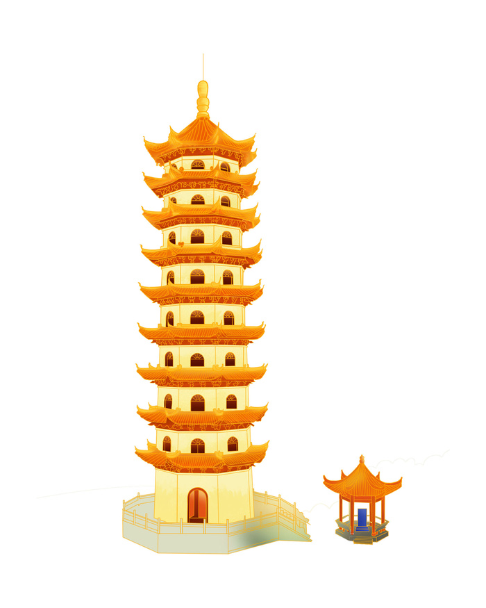复古中国风国潮古建筑插画手绘高楼古塔PSD素材亭子png免抠图psd模版下载