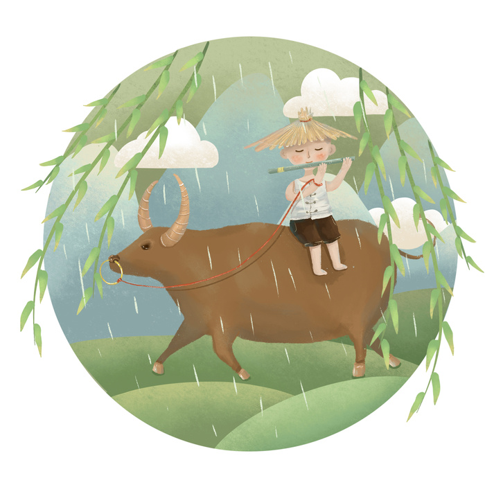 清明清明节卡通男娃娃吹笛子