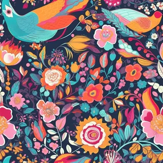 花鸟图，插画风格，无缝贴图，素材