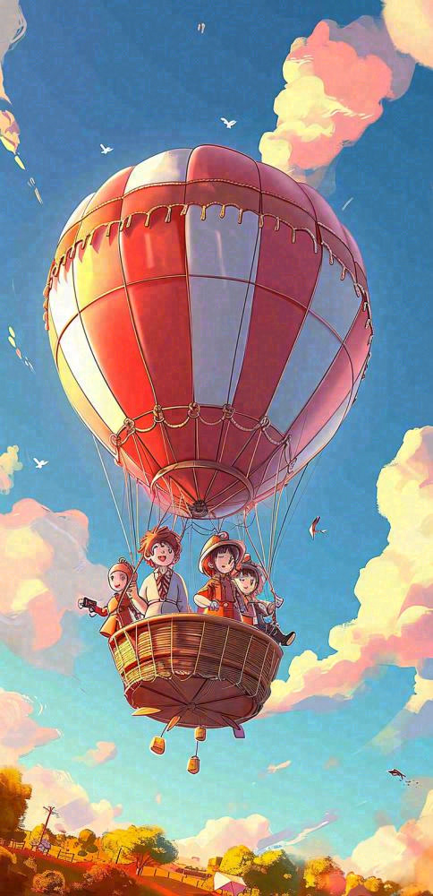 热气球可爱儿童天空插画，儿童节游玩(768x1584)