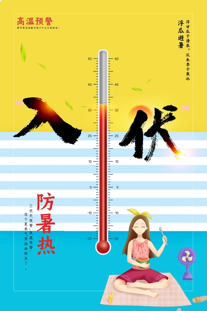 夏至入伏高温预警海报psd模版下载