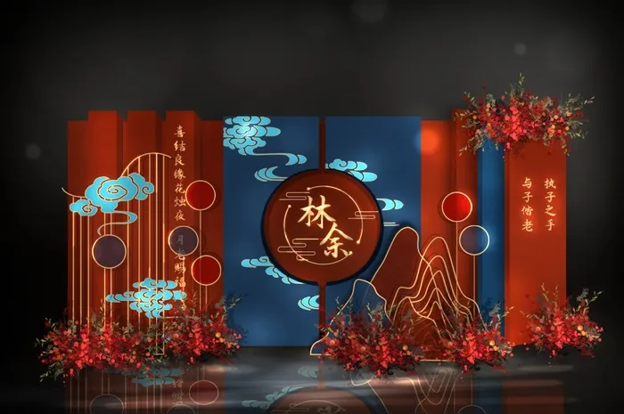 红蓝色中式传统婚礼迎宾区效果图psd模版下载