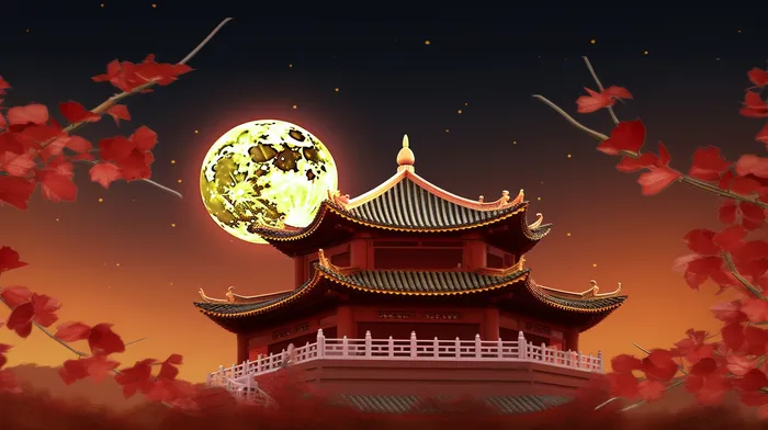 中秋月圆古建筑插画素材(4368x2448)